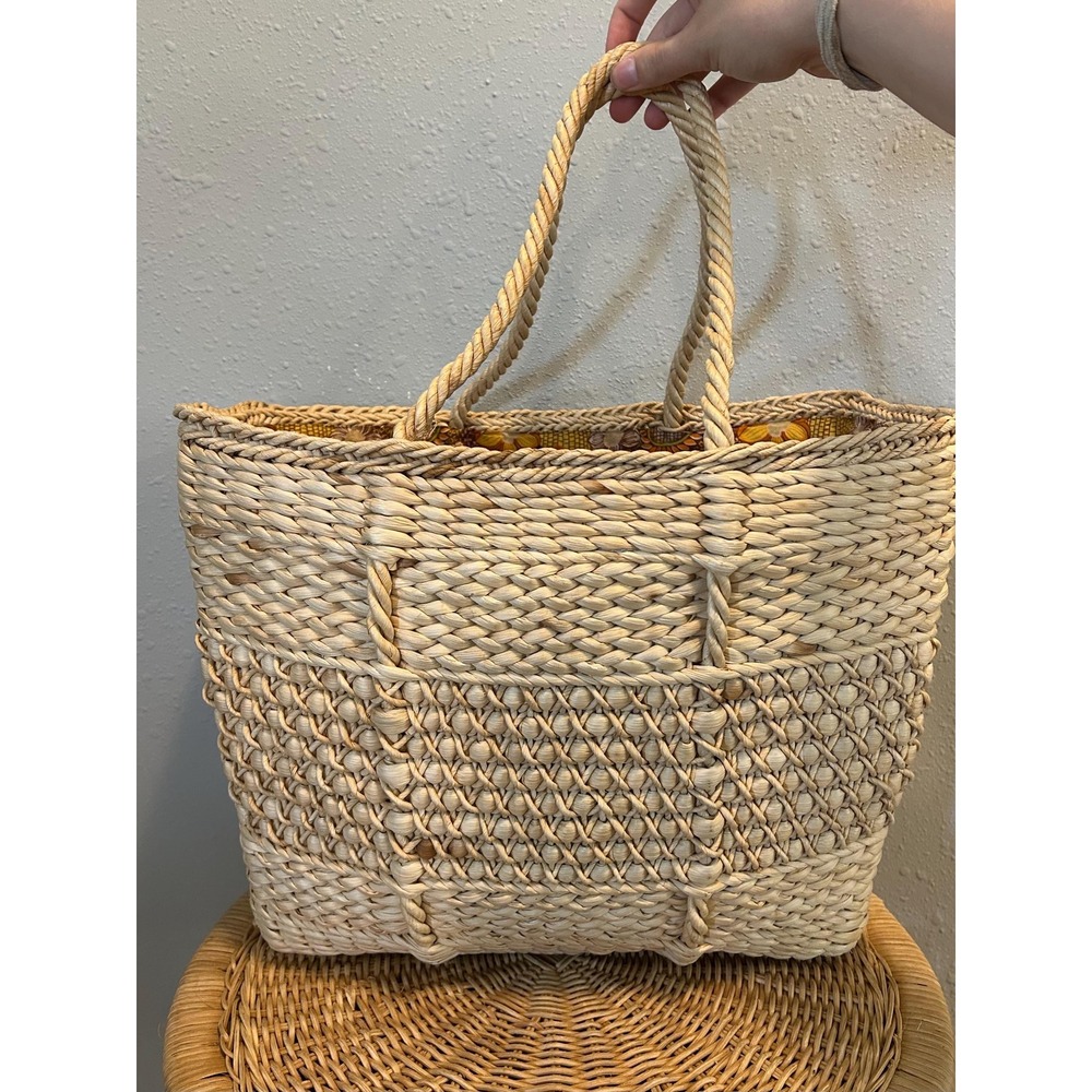 Vintage Woven Straw Market Basket Tote Bag Lined Shopper Craft Bag